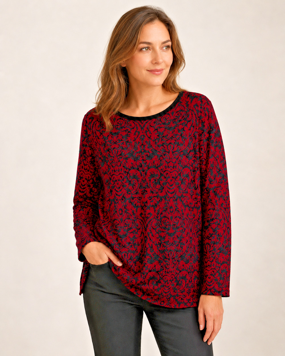 J Jill red and black damask patterned cotton blend sweater with rhinestones sz L